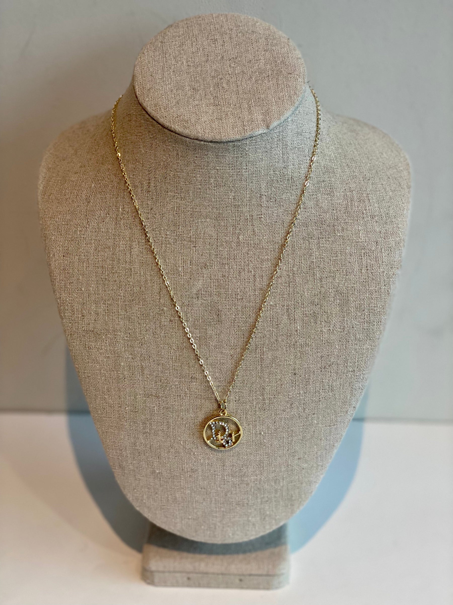 Designer Button Repurposed Necklace Gold-tone Hardware Circle Logo Crystal Detail