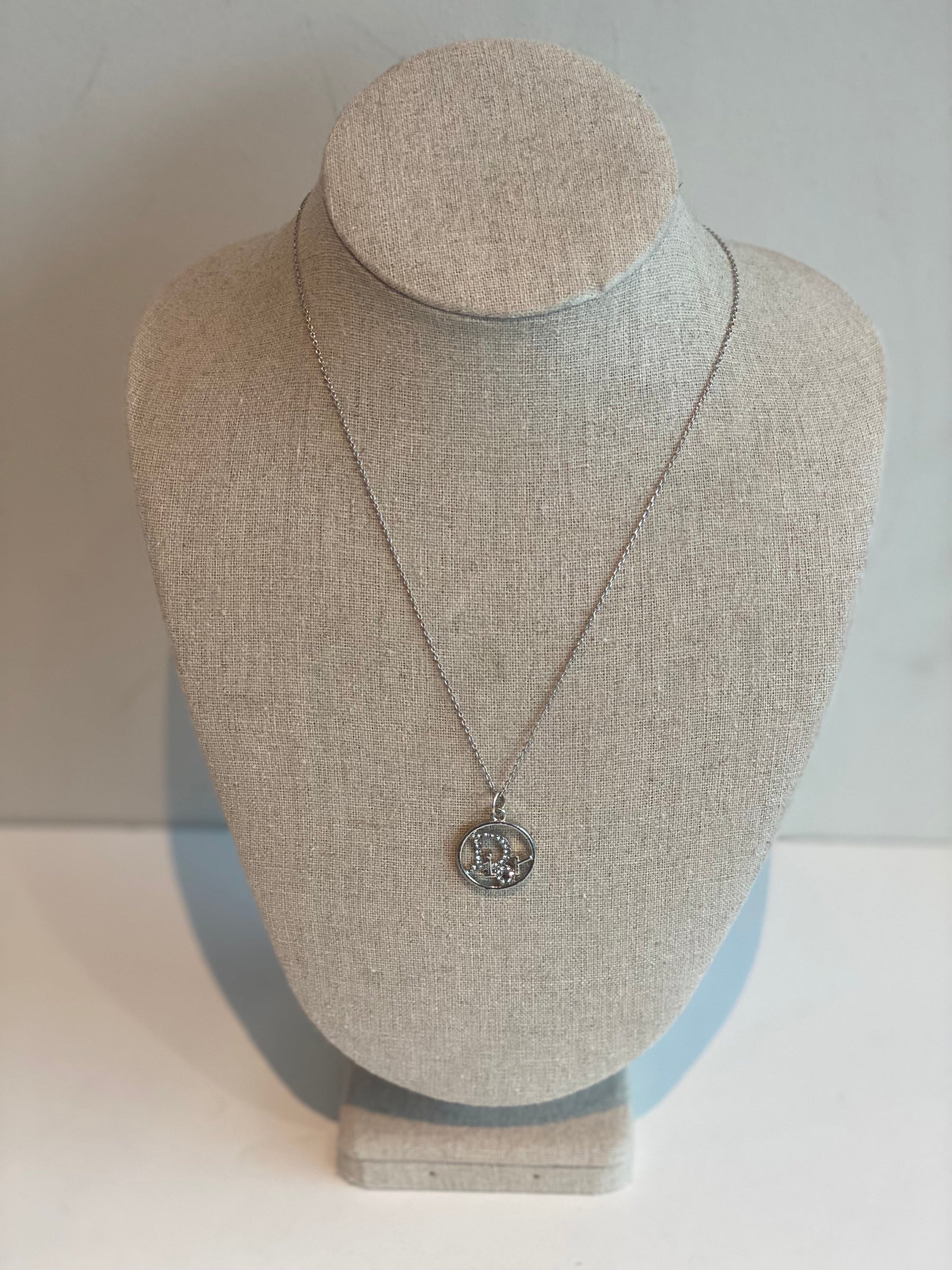 Designer Button Repurposed Necklace Silver-tone Hardware Circle Logo Crystal Detail