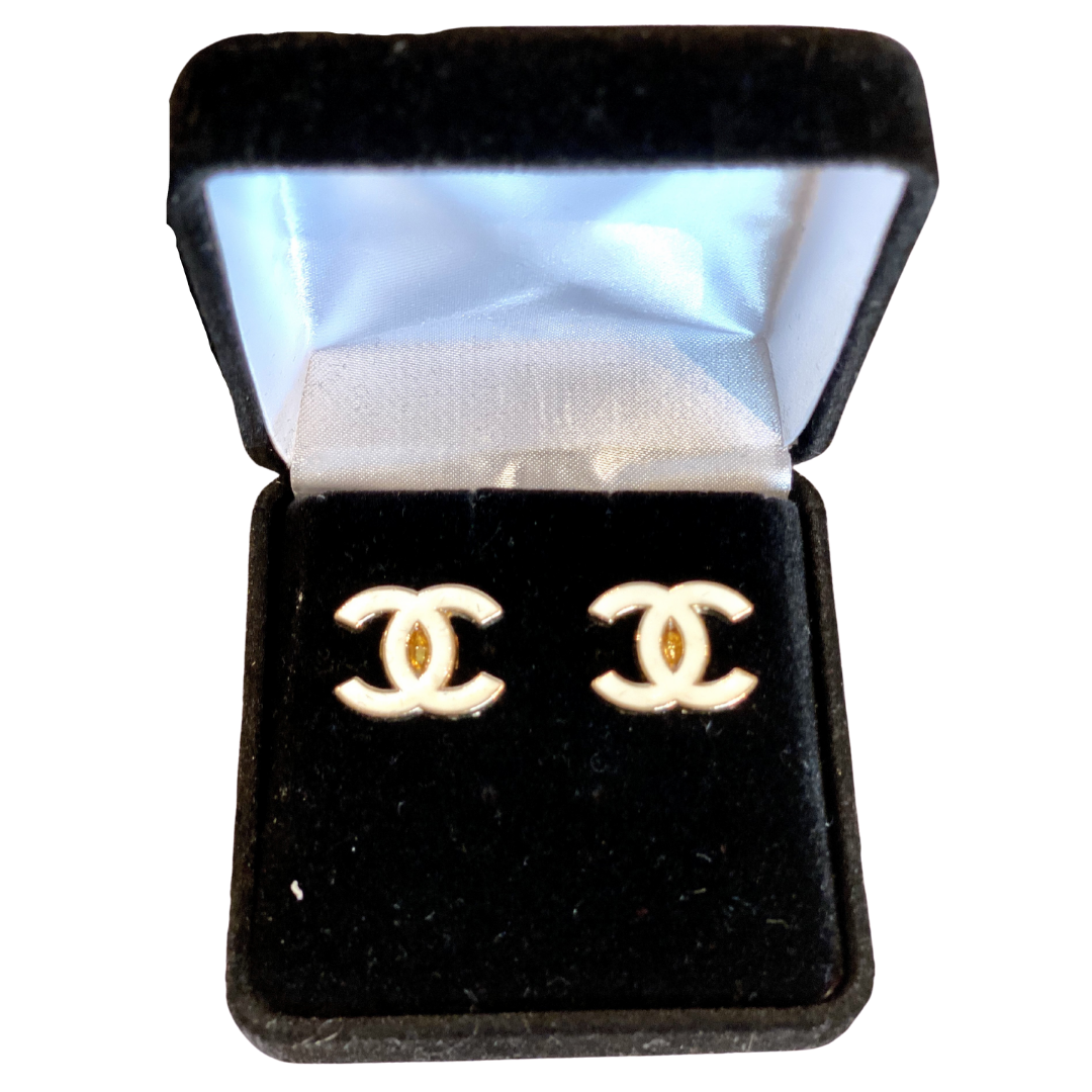 Designer Button Earrings - White Classic CC