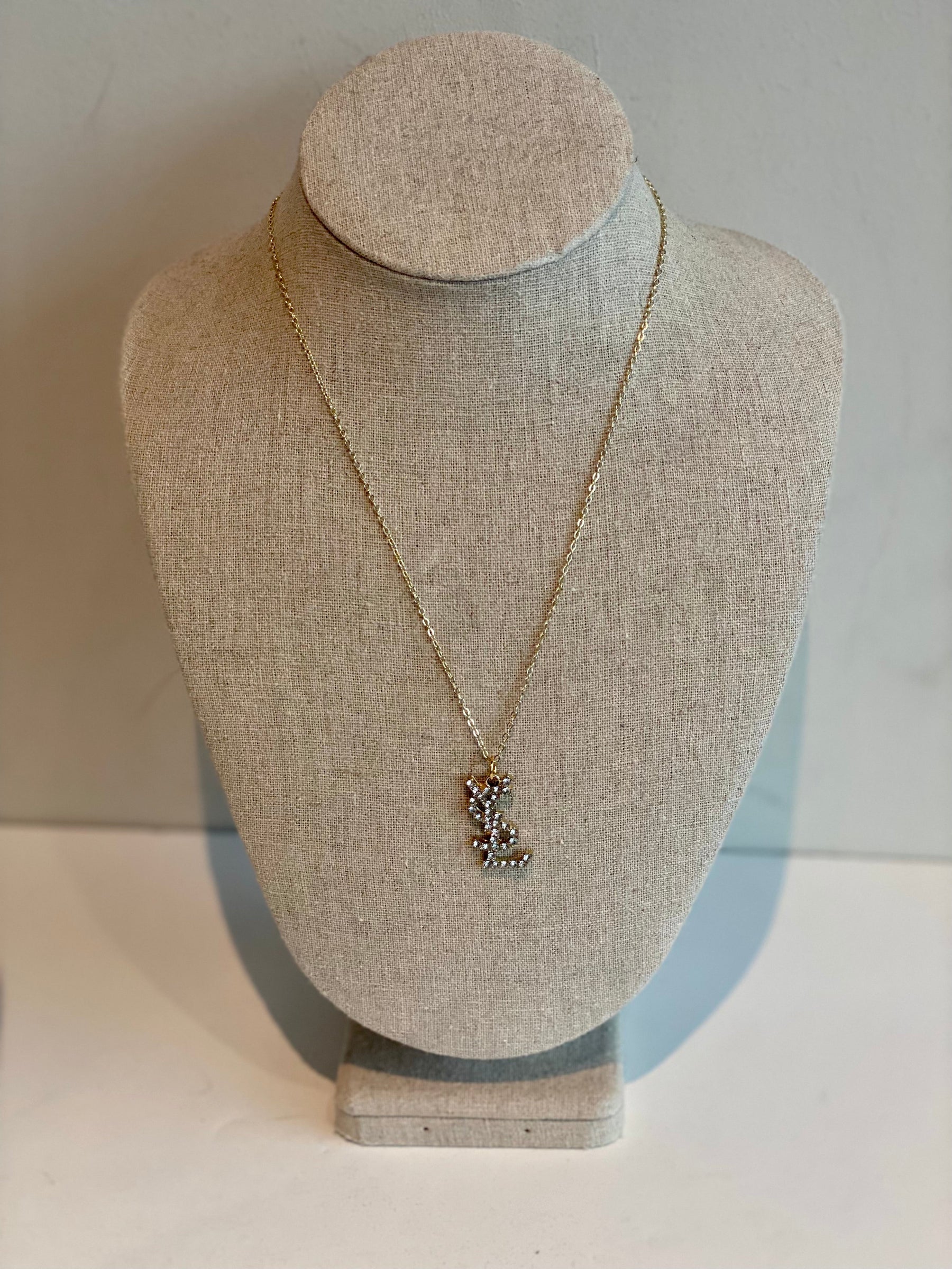Designer Button Repurposed Necklace Gold-tone Hardware Crystal Logo Detail