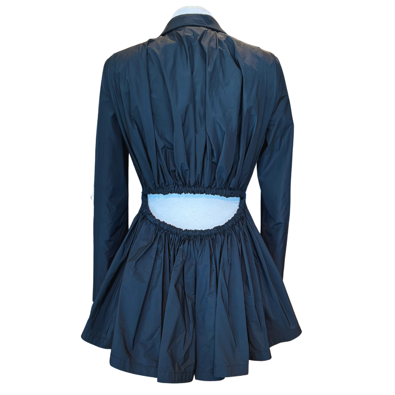 A blue long-sleeve jacket from the back on a mannequin, featuring a gathered waist.