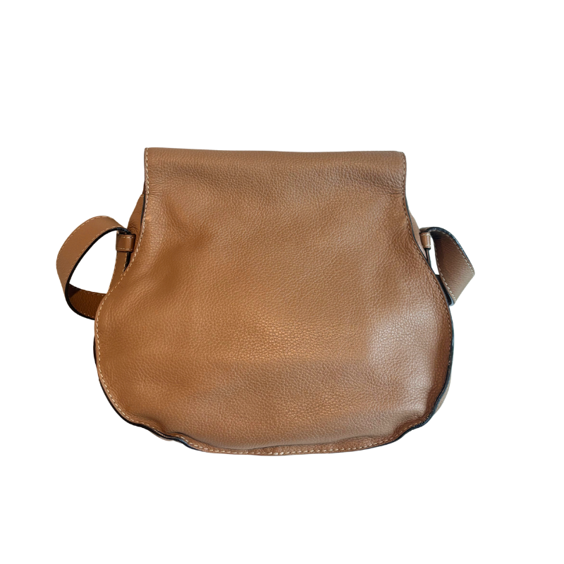 A brown pebbled leather shoulder bag with a curved, slouchy silhouette and a matching leather strap, shown against a plain white background.