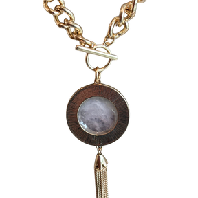 Back of Close Up of Repurposed Chanel CC Button Tassel Necklace
