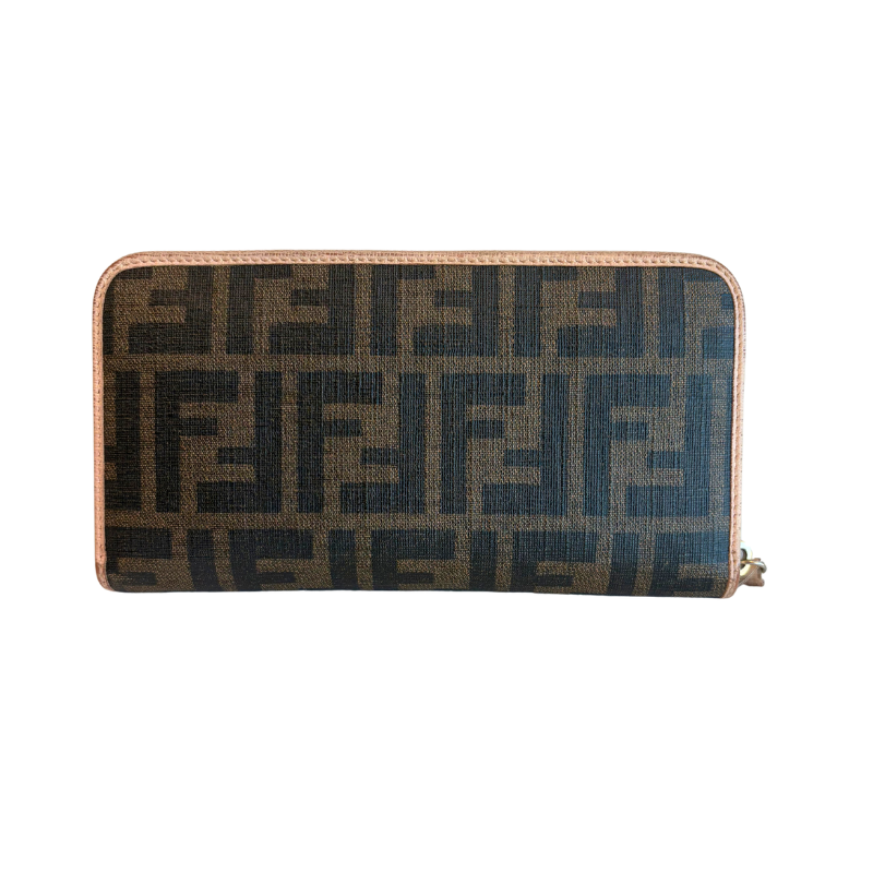  Back of Brown and Black Fendi Zucca Zip Around Wallet on a White Background. 
