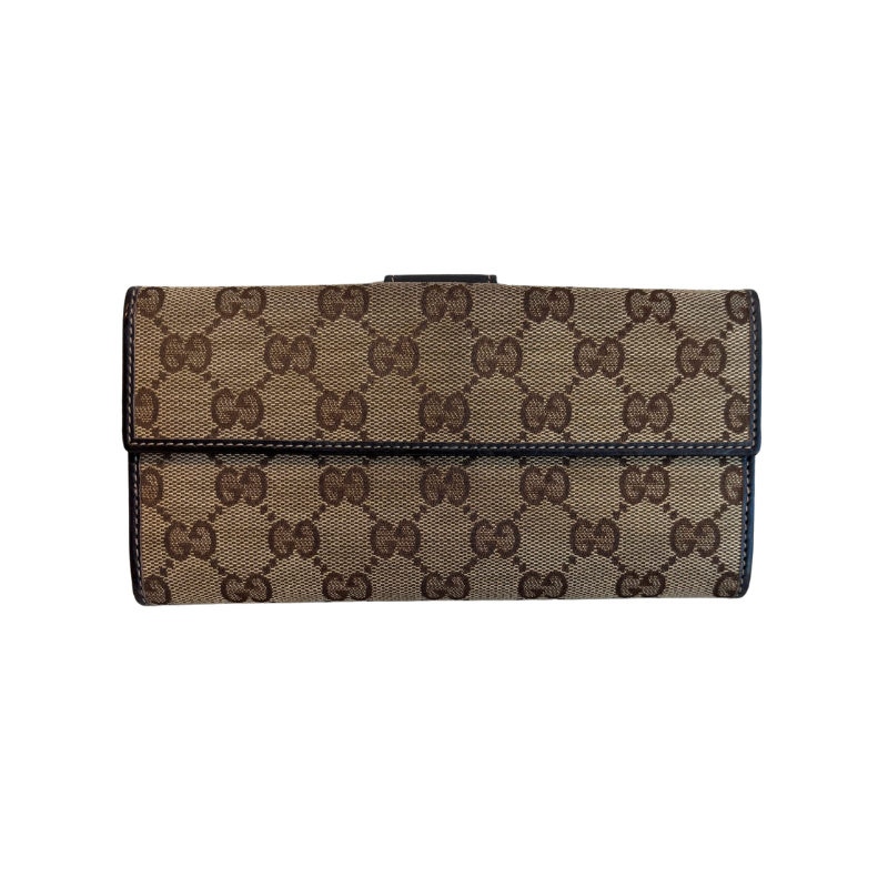Back of Brown Gucci Canvas Icon Bar Monogram Flap Wallet on a White Background. 