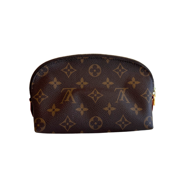 Back of Brown Louis Vuitton Monogram Cosmetic Pouch on a White Background. 