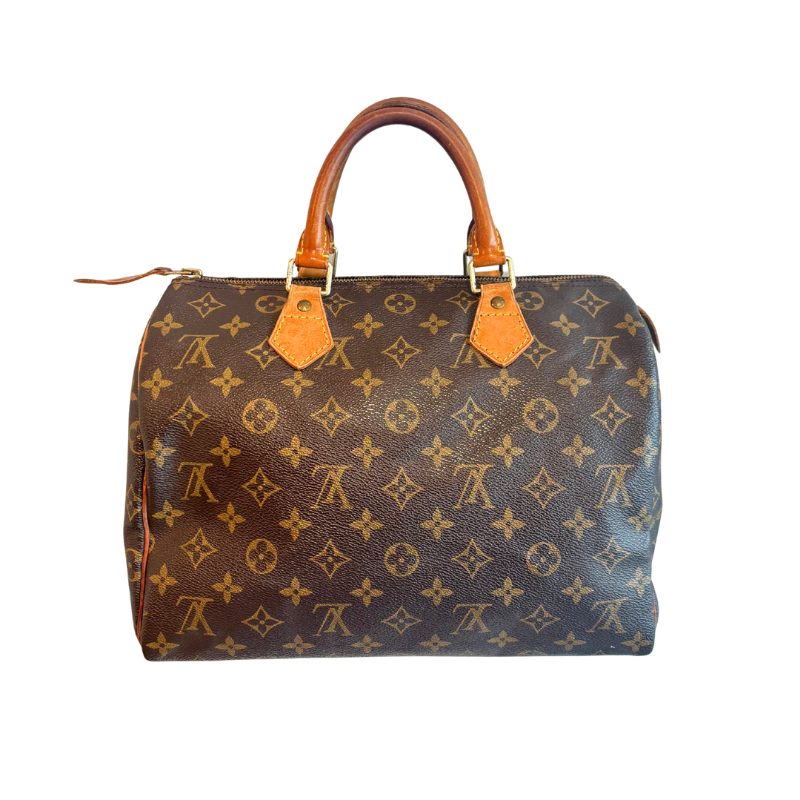 Back of Brown Louis Vuitton Monogram Speedy 30 Boston Bag On a White Background.