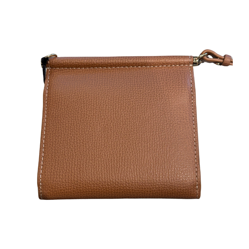 Back of brown Polene Number Seven Mini Crossbody Wallet on a white background. 
