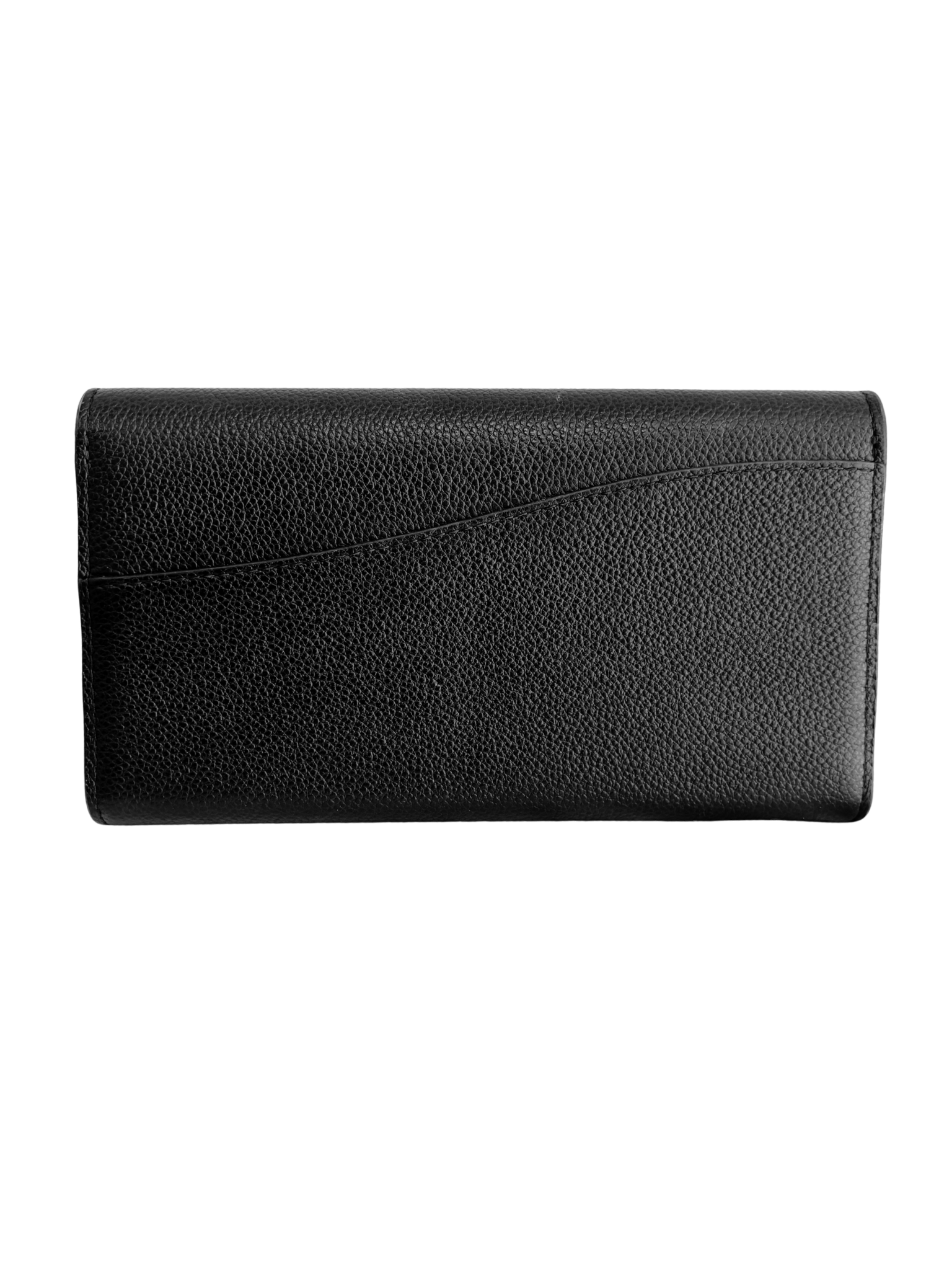 Back of  black pebbled leather wallet with a curved envelope-style design on it, shown against a plain white background.