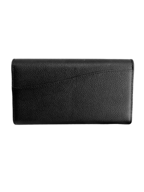 Back of  black pebbled leather wallet with a curved envelope-style design on it, shown against a plain white background.