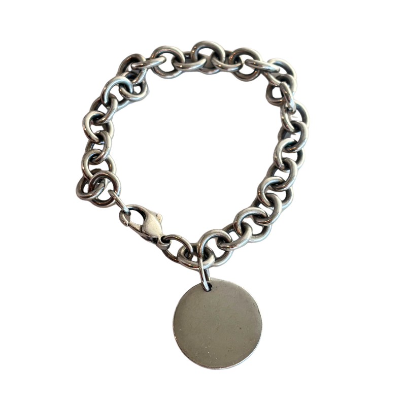 Back of Tiffany Return to Tiffany Bracelet on a white background. 