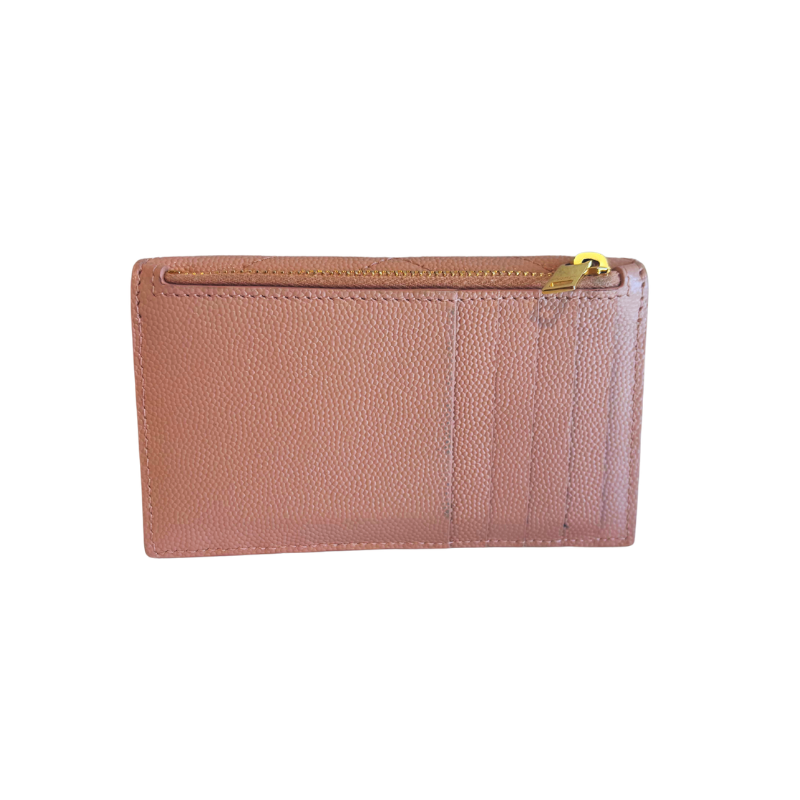Back of Beige/Blush YSL Card Case. Shows Card Holder Slots and Gold-Toned Zipper. 