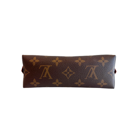 Base of Brown Louis Vuitton Monogram Cosmetic Pouch on a White Background. 