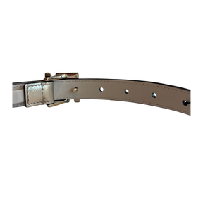 Inside view of belt buckle and holes on Fendi FF Logo Leather Slim Belt. 