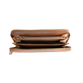 An open tan leather wallet with multiple card slots, zip compartments, and a gold-tone zipper, shown against a plain white background.