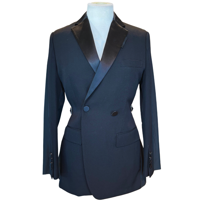 A black double-breasted blazer with satin black lapels, displayed on a mannequin torso against a plain white background.