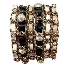 Chanel Leather & Faux Pearl Woven CC Wrap Bracelet
