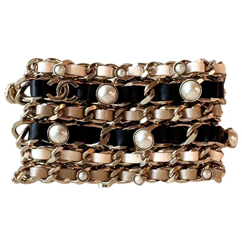 Chanel Leather & Faux Pearl Woven CC Wrap Bracelet