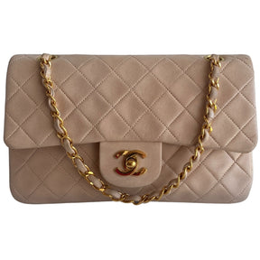 Chanel Blush Quilted Lambskin Leather Classic Double Flap Bag Front Signature CC Logo Turn Lock Closure Gold-tone Hardware