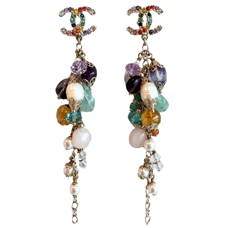 Chanel CC Multicolor Crystal Pearl Over The Rainbow Long Drop Earrings