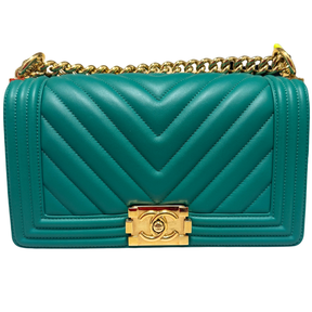 Chanel Green Chevron Stitch Medium Boy Bag