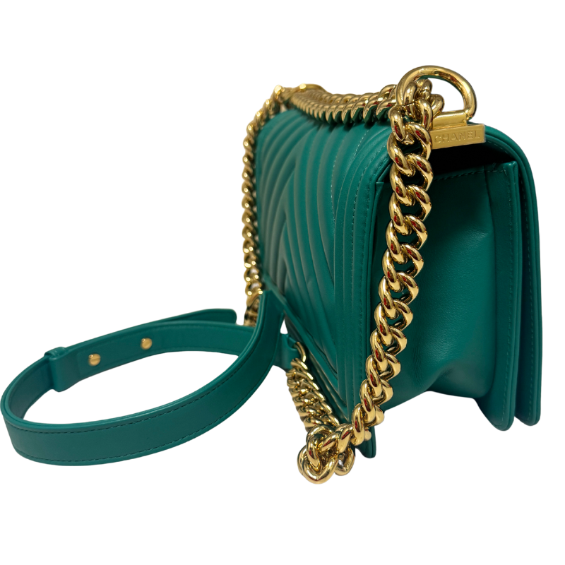 Chanel Green Chevron Stitch Medium Boy Bag