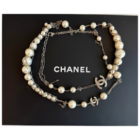 Chanel Crystal CC Pearl Multi Strand Chain Long Necklace