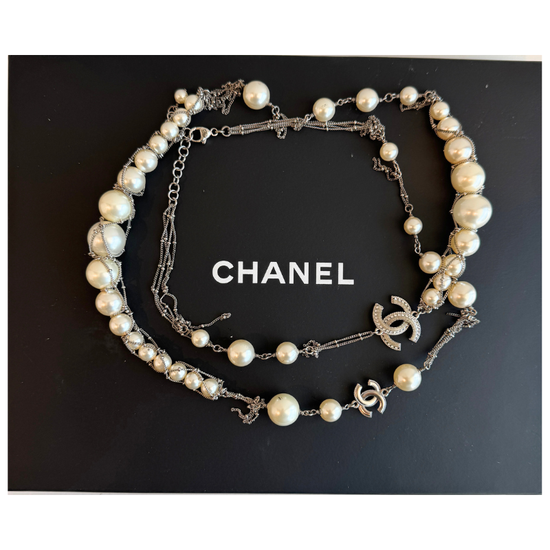 Chanel Crystal CC Pearl Multi Strand Chain Long Necklace