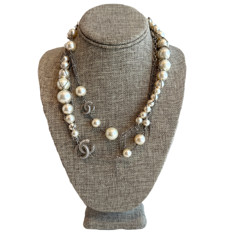 Chanel Crystal CC Pearl Multi Strand Chain Long Necklace