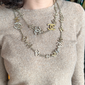 Chanel Light Gold Interlocking CC Crystal Motif Long Necklace/Belt