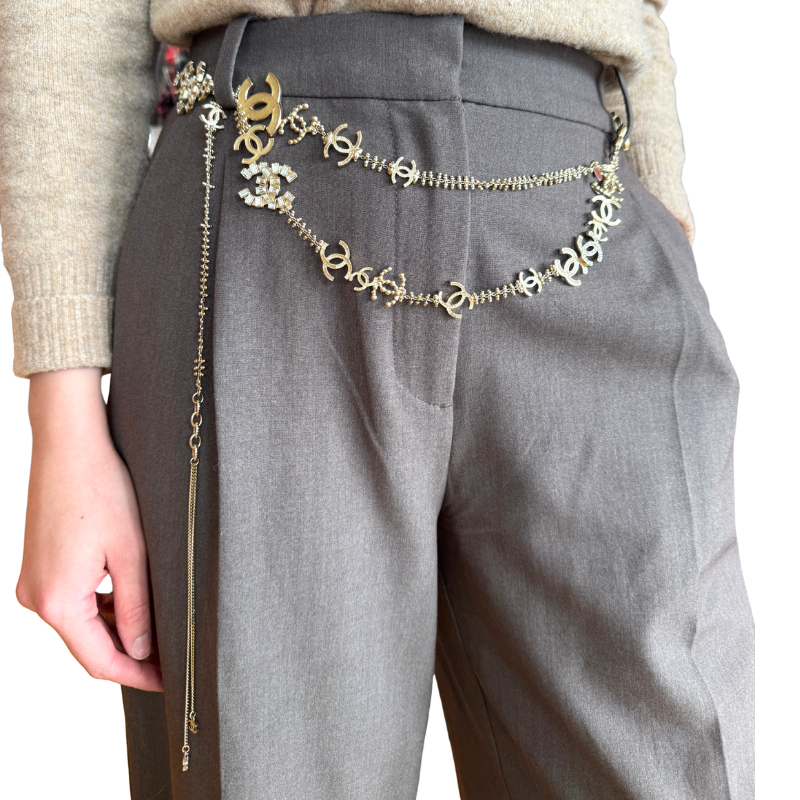 Chanel Light Gold Interlocking CC Crystal Motif Long Necklace/Belt