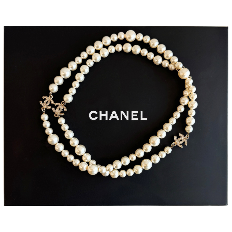 Chanel Graduated Pearl Crystal CC Long Necklace