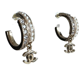 Chanel Crystal And Pearl CC Hoop Earrings