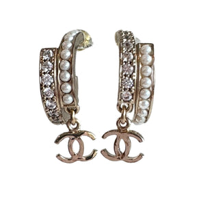 Chanel Crystal And Pearl CC Hoop Earrings