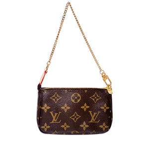 Louis Vuitton Mini Pochette&nbsp;  Brown LV Monogram Canvas  Gold-Toned Hardware  Chain Link Handle  Zipper Closure at Top