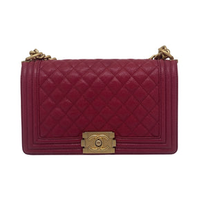 Chanel Quilted Boy Bag Red Leather Gold-Toned Hardware Chain-Link Shoulder Straps Grosgrain Lining & Interior Pocket Flap Closure at Front & Lock Closure at Front