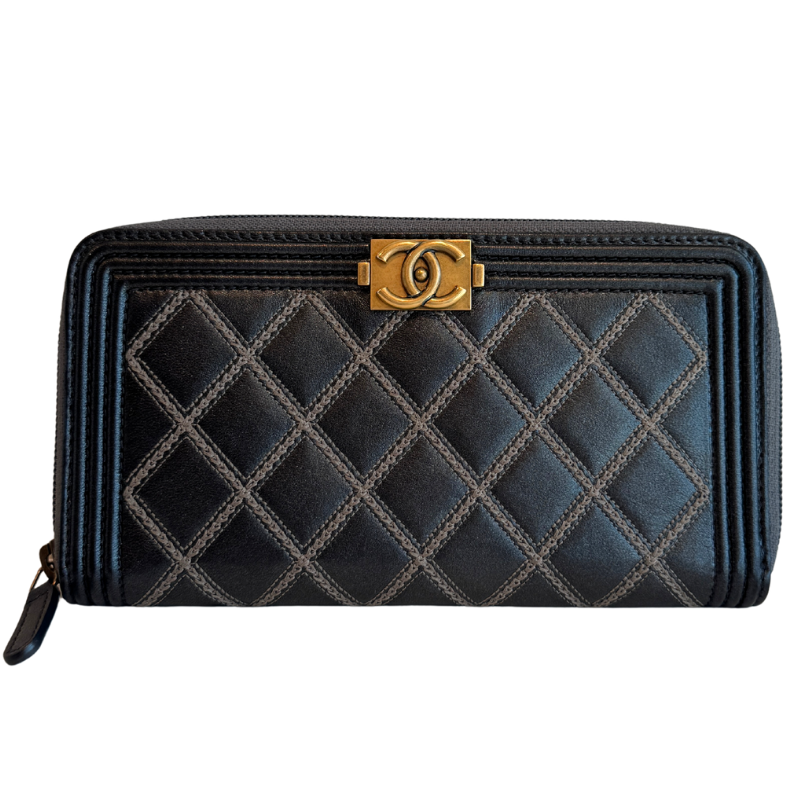 Chanel Stitched Quilted Boy Zip Around Wallet