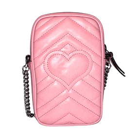 Gucci Marmont Mini&nbsp;  Gucci Crossbody Bag  Pink Leather&nbsp;  Double G Logo  Silver-Toned Hardware  Chain-Linked Shoulder Strap  Chain-Link Accents  Suede Interior&nbsp;  Card Slots in Interior&nbsp;  Zip Closure&nbsp;