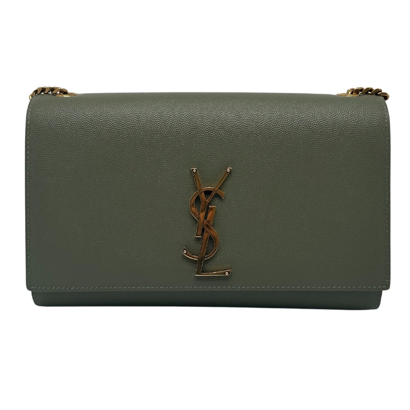 Saint Laurent Kelly Crossbody Green Leather Exterior Gold Tone Hardware Snap Closure In Front Chain Link Shoulder Strap Grosgrain Lining Single Interior Pocket