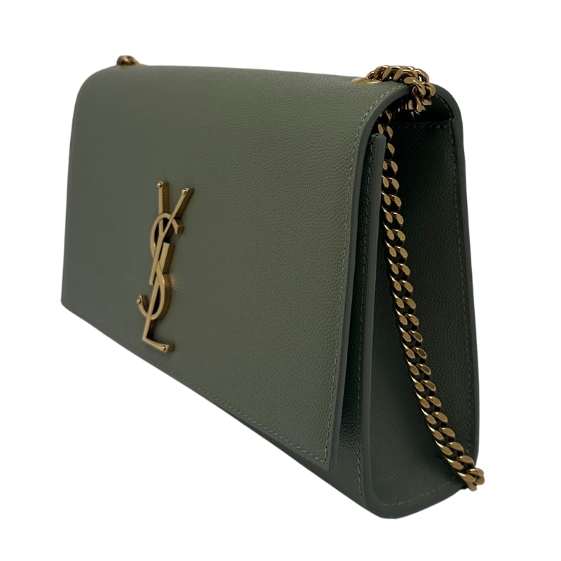 Saint Laurent Kelly Crossbody Green Leather Exterior Gold Tone Hardware Snap Closure In Front Chain Link Shoulder Strap Grosgrain Lining Single Interior Pocket
