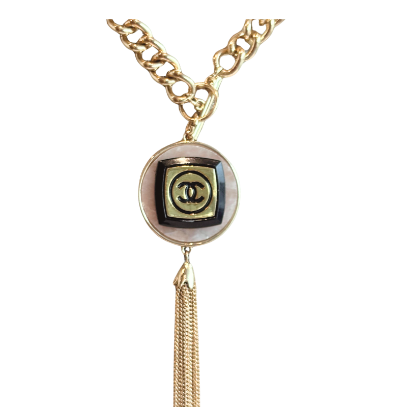 Close Up of Repurposed Chanel CC Button Tassel Necklace