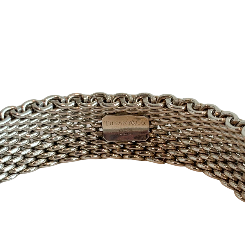 Close-up of a curved silver-tone chain bracelet with a central gold-tone metal hallmark engraved with 'Tiffany & Co.' on a plain white background.