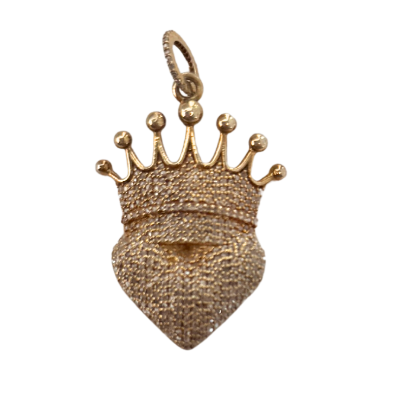 Evergreen Collections Pave Diamond Gold Crown & Heart Pendant