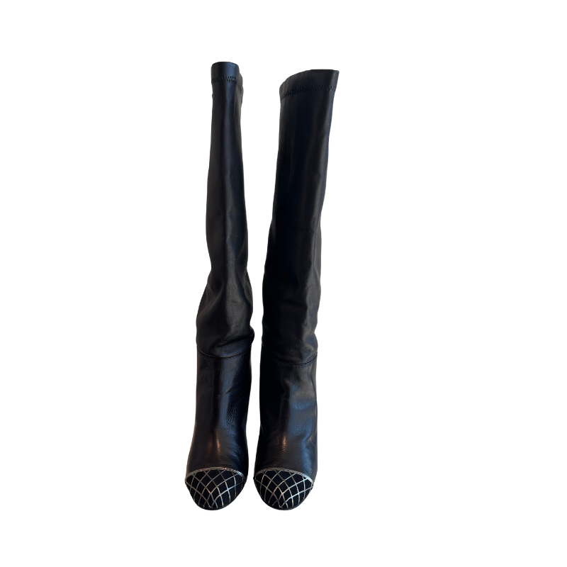 Front of Chanel Interlocking CC Metal Cap Toe Knee-High Leather Boots on a White Background 