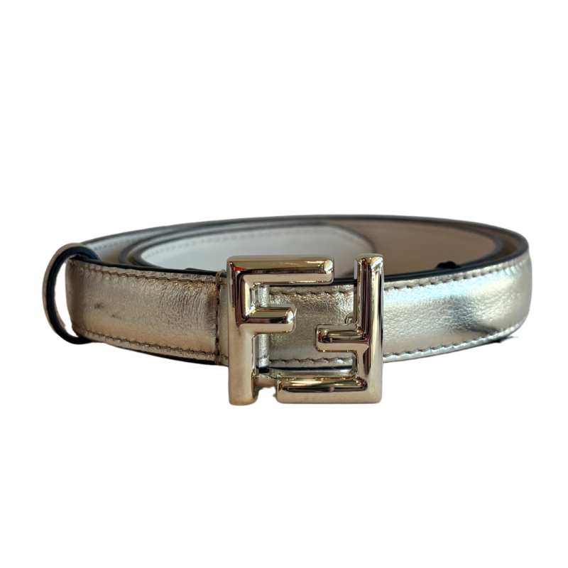 A metallic gold leather belt with a prominent gold-toned interlocking 'F' buckle, shown coiled on a plain white background.