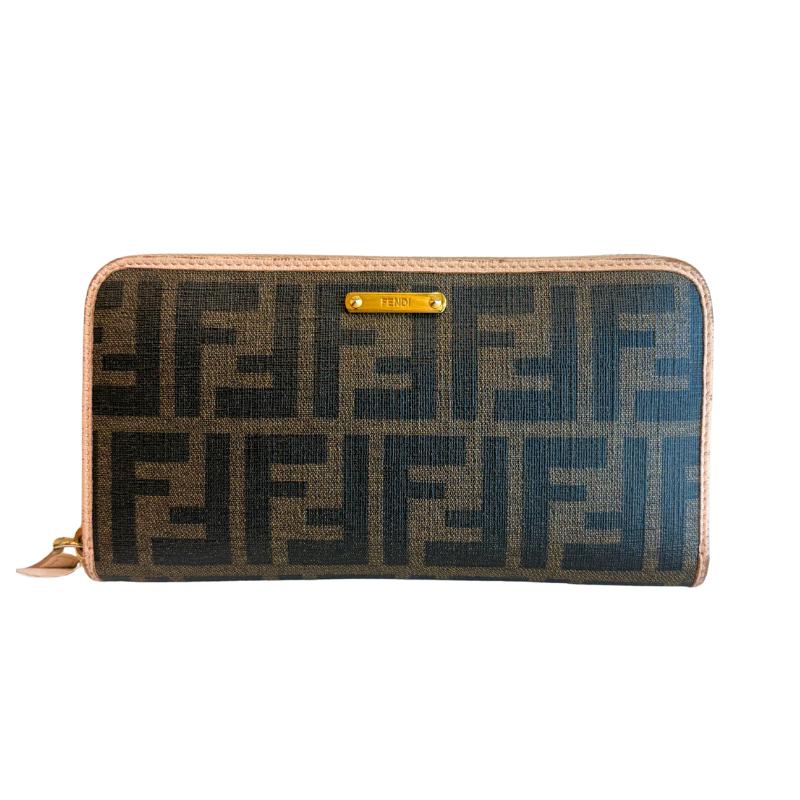 A Fendi zip-around wallet in the classic brown and black FF monogram canvas with a gold-tone metal logo plate on the front.