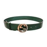 Front of green Gucci GG Buckle Leather Belt on a white background. 