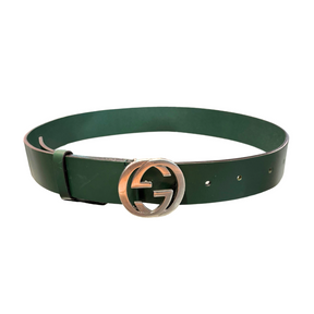 Front of green Gucci GG Buckle Leather Belt on a white background. 