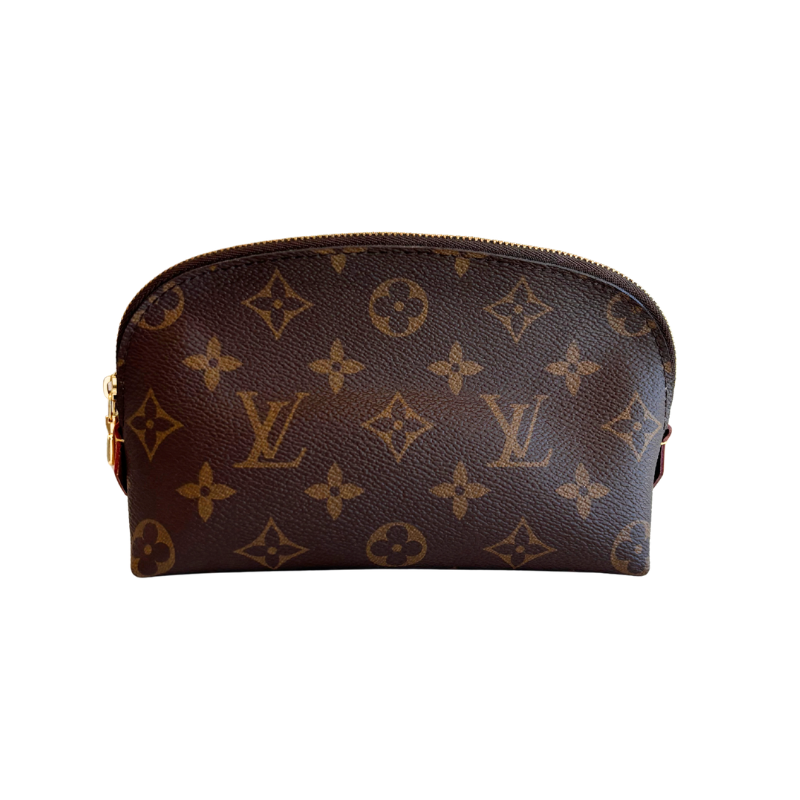 Front of Brown Louis Vuitton Monogram Cosmetic Pouch on a White Background. 