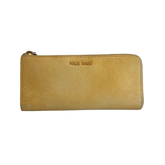 Front of Yellow Miu Miu Leather Zip Around Wallet on a White Background. 